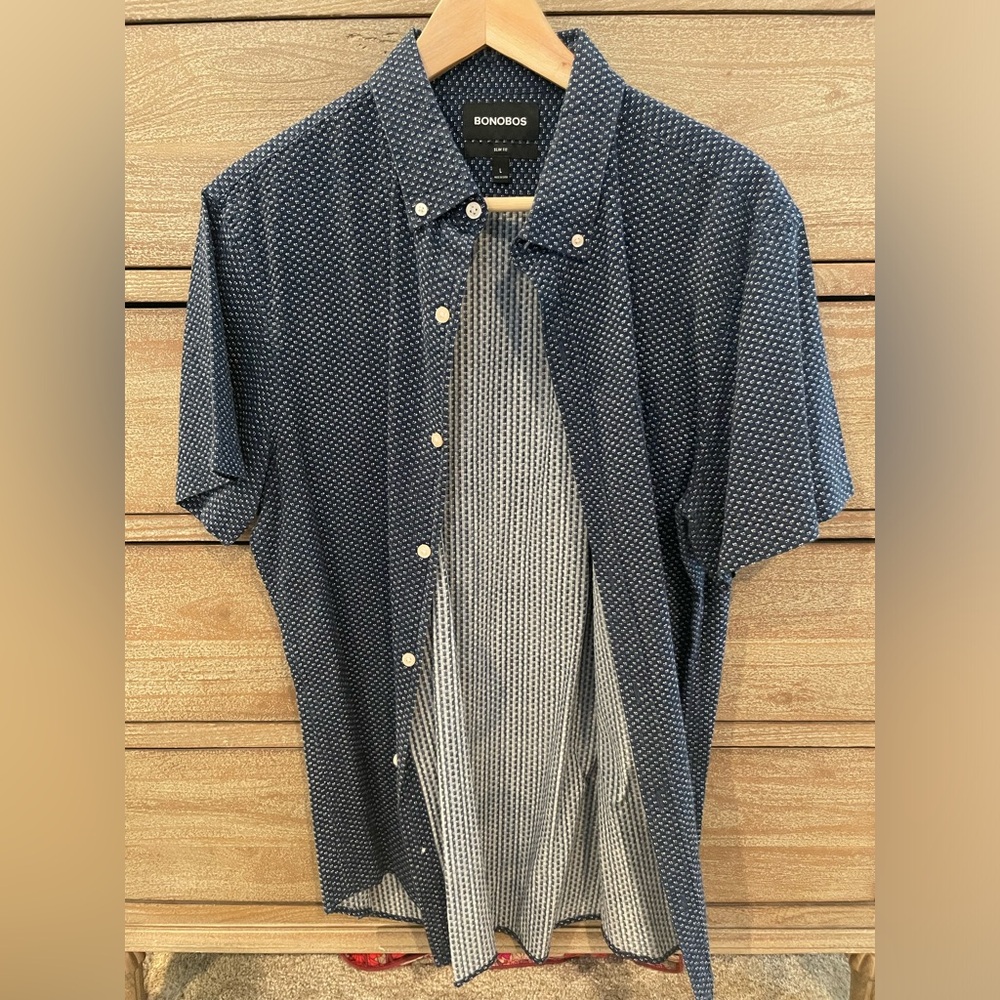 BONOBOS Short Sleeve Button-Up Shirt Slim Fit Blue Large